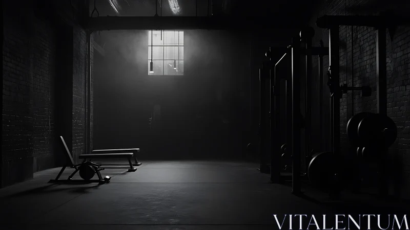 Dim industrial gym interior with benches and weight machines.
