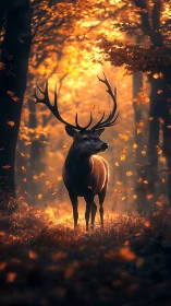 Stag stands in sunlit autumn forest with drifting leaves