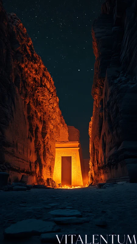 Ancient sandstone gate glows between canyon walls at night