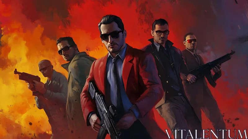 Stylized gunmen lineup against explosive chromatic backdrop.