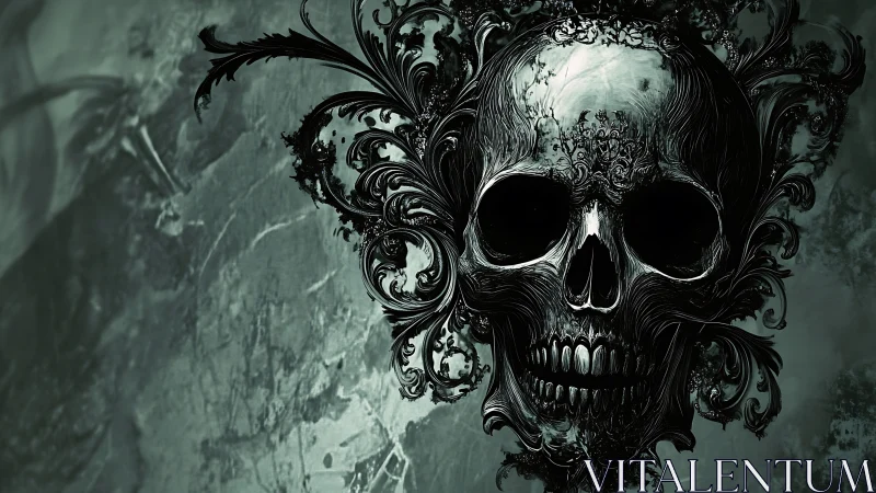 Baroque shadows curl into a gothic skull of swirling ink