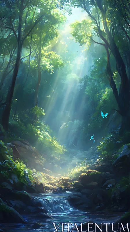 Enchanted Forest Canyon with Luminous Rays and Ethereal Butterfly Sentinels