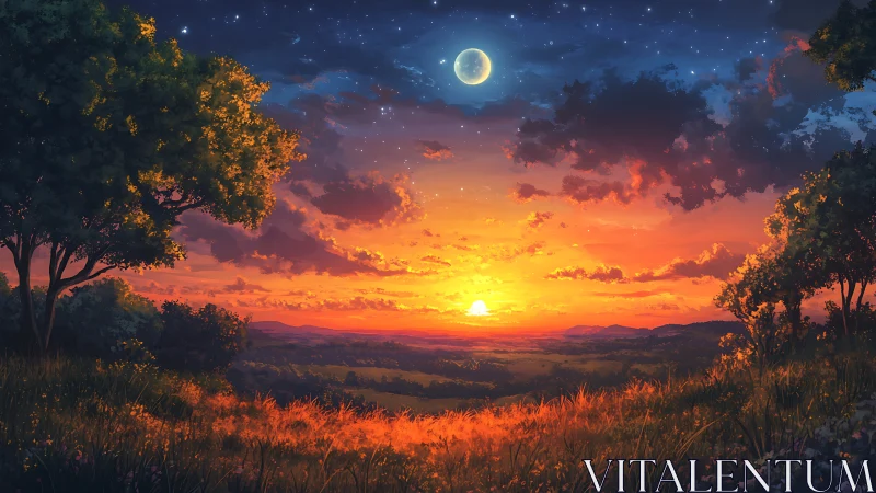 Biphasic twilight landscape with crescent moon and solar horizon.