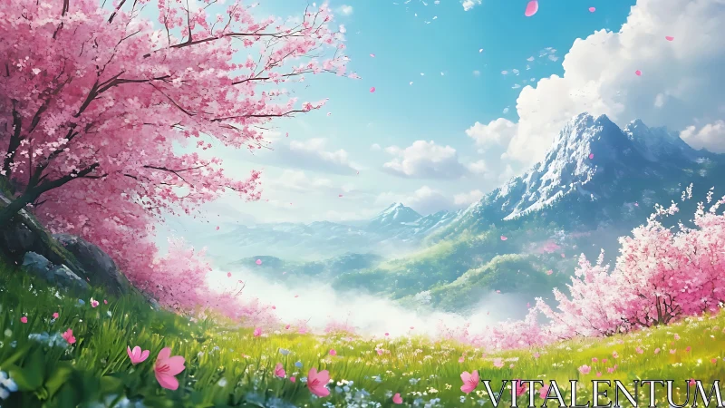 Cherry blossoms frame luminous spring valley panorama.