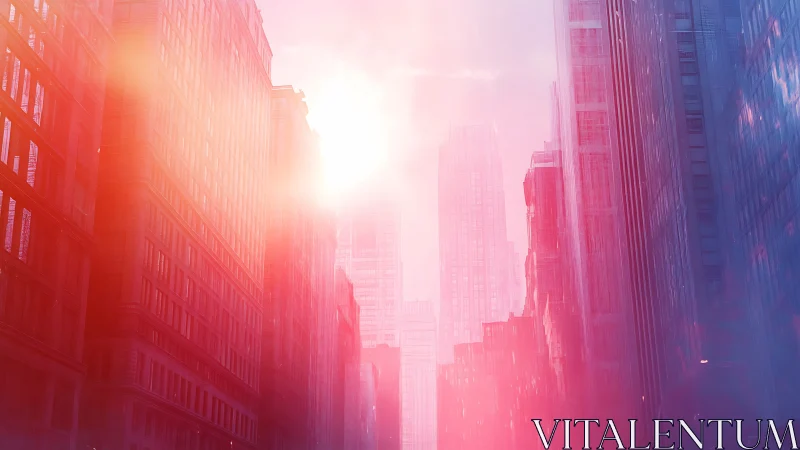 Chromatic urban canyon under saturated solar bloom.