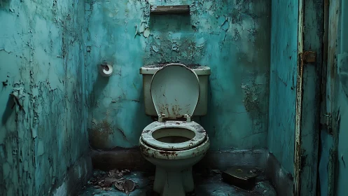 Decayed turquoise restroom with corroded toilet and peeling walls.