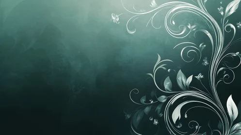 Curvilinear silver floral scrollwork on teal vignetted gradient field