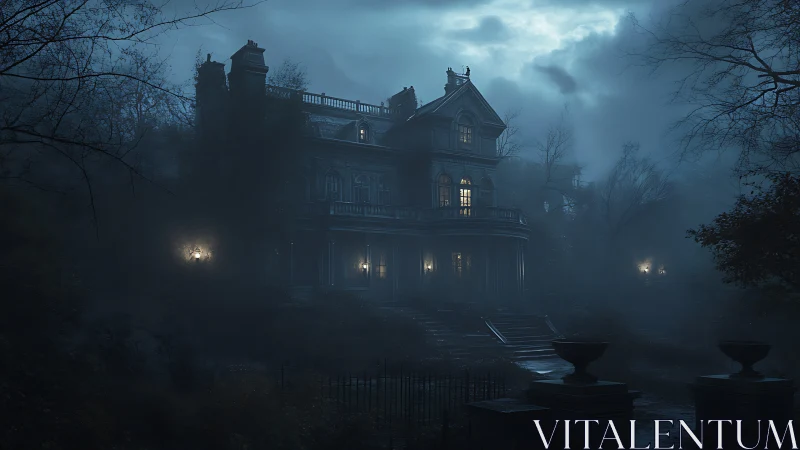 Moonlit Victorian mansion wrapped in curious midnight fog.