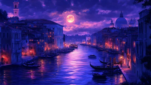 Digital painting of Venetian canal under luminous violet moonlight.