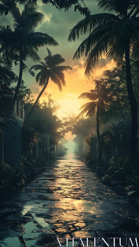 Wet tropical street reflects low sunset through palm trees