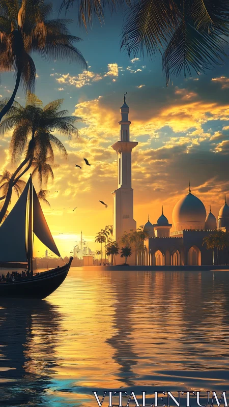 Golden waterfront mosque at sunset with gentle sailing boat.
