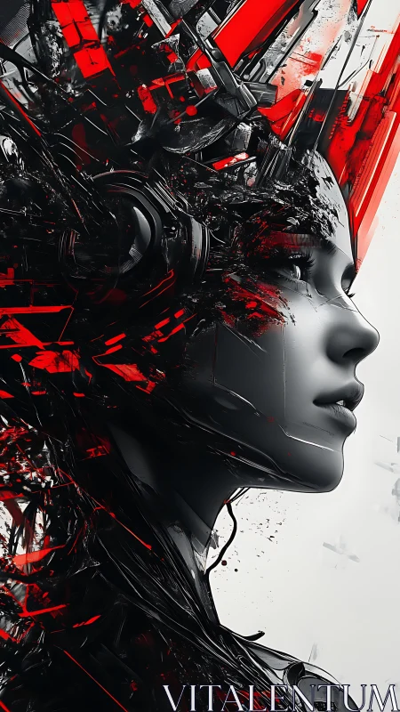 Calm cyborg dreamer wrapped in bold red and black energy.