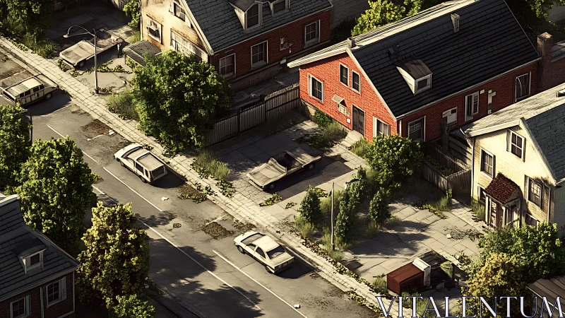 Sunlit abandoned suburb shows overgrown, silent streets.