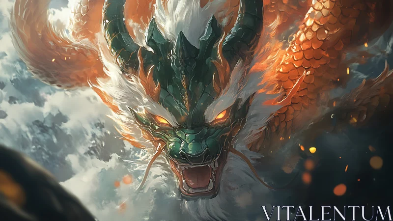 Dragon head emerges with glowing eyes and segmented scales