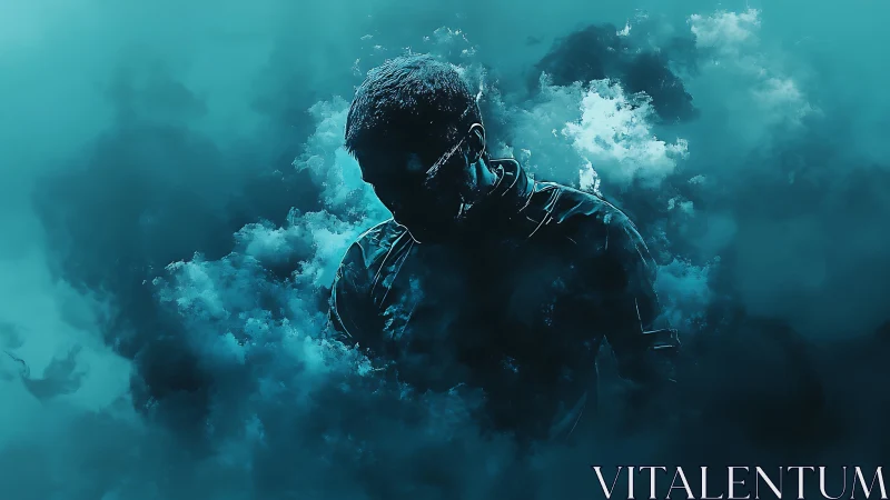 Solitary figure dissolves into cyan digital smoke cloud.