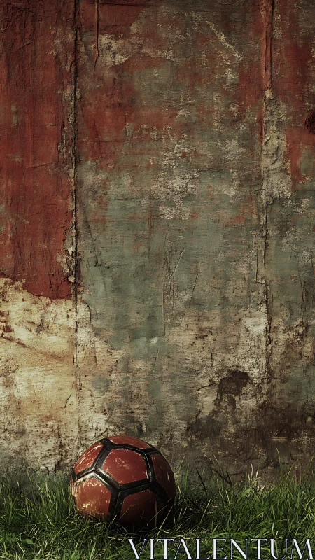 Weathered concrete wall with worn orange football in grass.