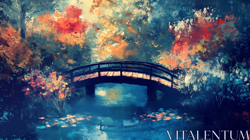 Arched wooden bridge spans reflective pond amid saturated autumn foliage