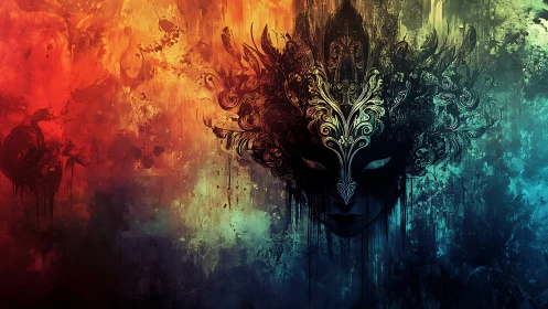 Intricate mask silhouette amid vivid abstract color field.