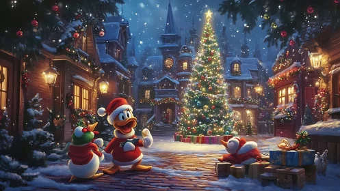 Joyful cartoon ducks share a sparkling village Christmas night