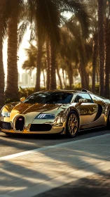 Gold-chrome hypercar reflects palm-lined boulevard in low sun