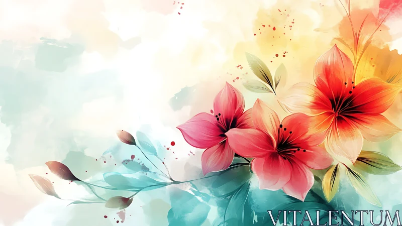 Watercolor Floral Composition: Red-Orange Hibiscus with Teal Botanical Elements