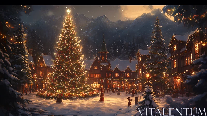 Snow-covered village square contains illuminated Christmas tree