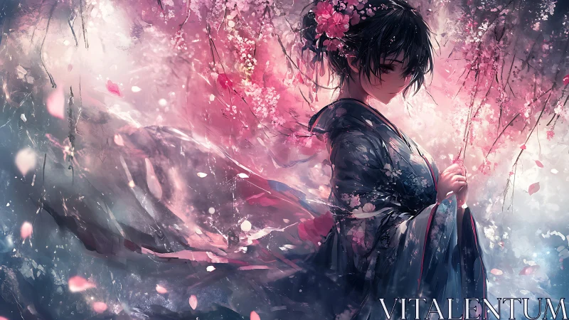 Midnight kimono drifts through storm of painted blossoms