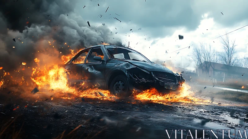 Burning damaged car sits in roadside explosion aftermath