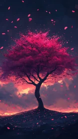 Solitary pink tree against dramatic dusk sky landscape.
