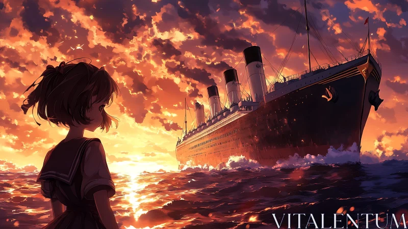 Sunset ocean liner and solitary girl in glowing anime seascape.