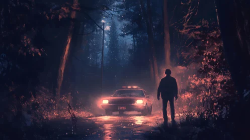 Police car and lone figure on wet forest road at night.