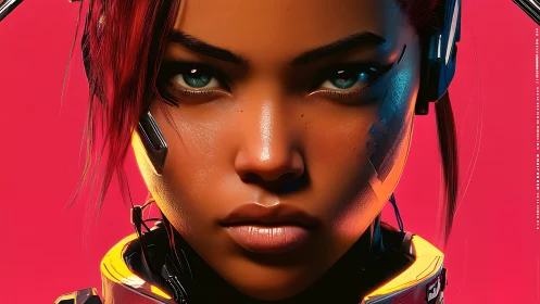 Futuristic gamer heroine with glowing cyber headset portrait.