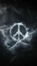 Peace symbol formed in luminous clouds on dark sky field.