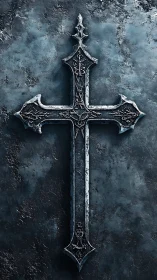 Weathered metal cross displays ornate gothic engravings
