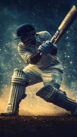 Dynamic cricket batsman drives through rain with dramatic lighting