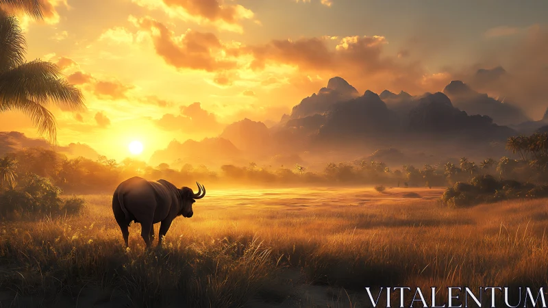Buffalo stands in sunlit grassland before distant mountains
