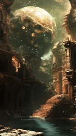 Colossal skull-shaped planet above ancient flooded ruins