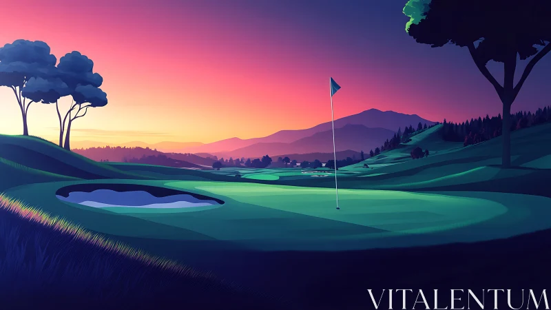 Digital painting of sunset golf green with stylized fairways.