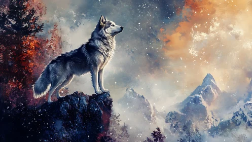 Lone winter wolf greeting a glowing mountain dawn.