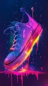 Neon sneaker suspended in dripping fluorescent paint.