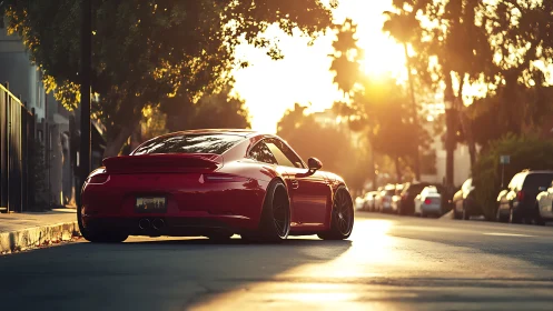 Red sports coupe waits on quiet sunlit suburban street