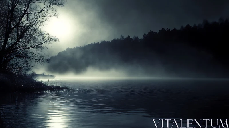 Moonlit mist over dark forest lake in deep blue tones.