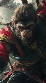Armored simian warrior is rendered with detailed fur and cloth