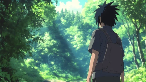 Quiet forest wander with a thoughtful anime traveler.