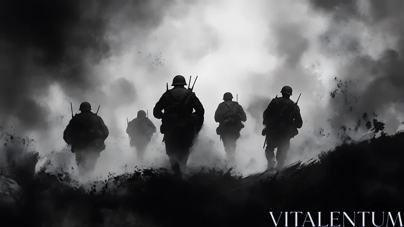 Soldiers advance through dense battlefield smoke in silhouette.