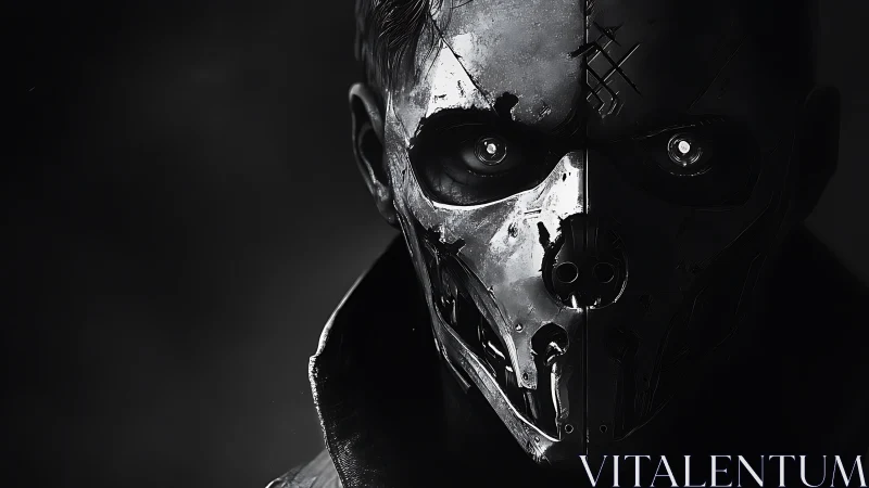 Half-human metal phantom stares from a fractured void.