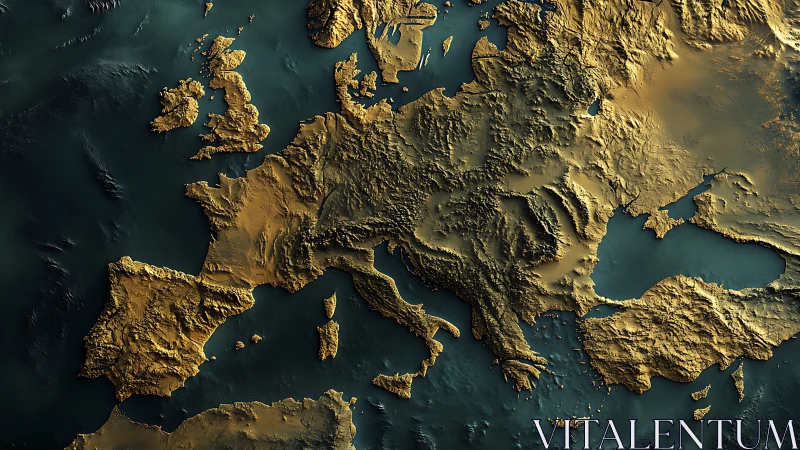 Rendered topographic elevation map of continental Europe.