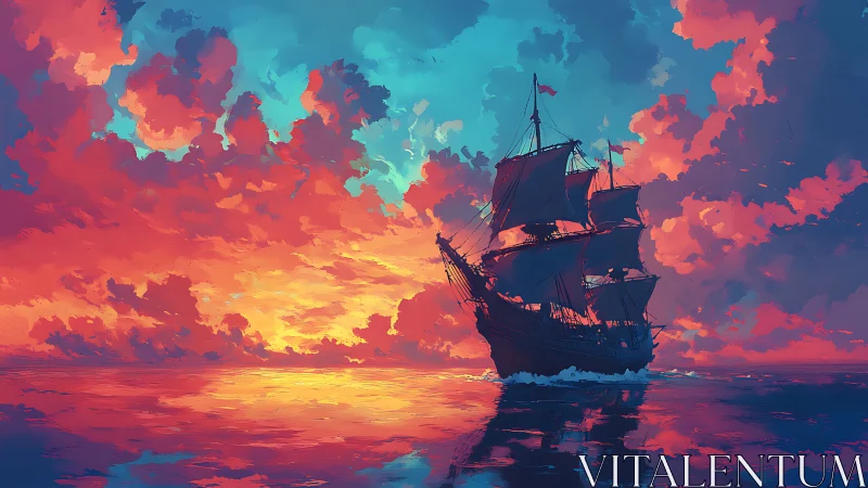 Tall ship sails across vivid sunset ocean sky scene.