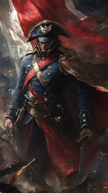 Officer in blue uniform before large tricolour flag.