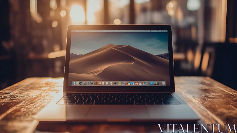 Sunlit laptop stage with glowing desert dunes screen.